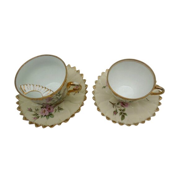 MOUSTACHE and Tea CUP with SAUCERS Delicate Floral Set with Gold Trim Vintage - Picture 3 of 15